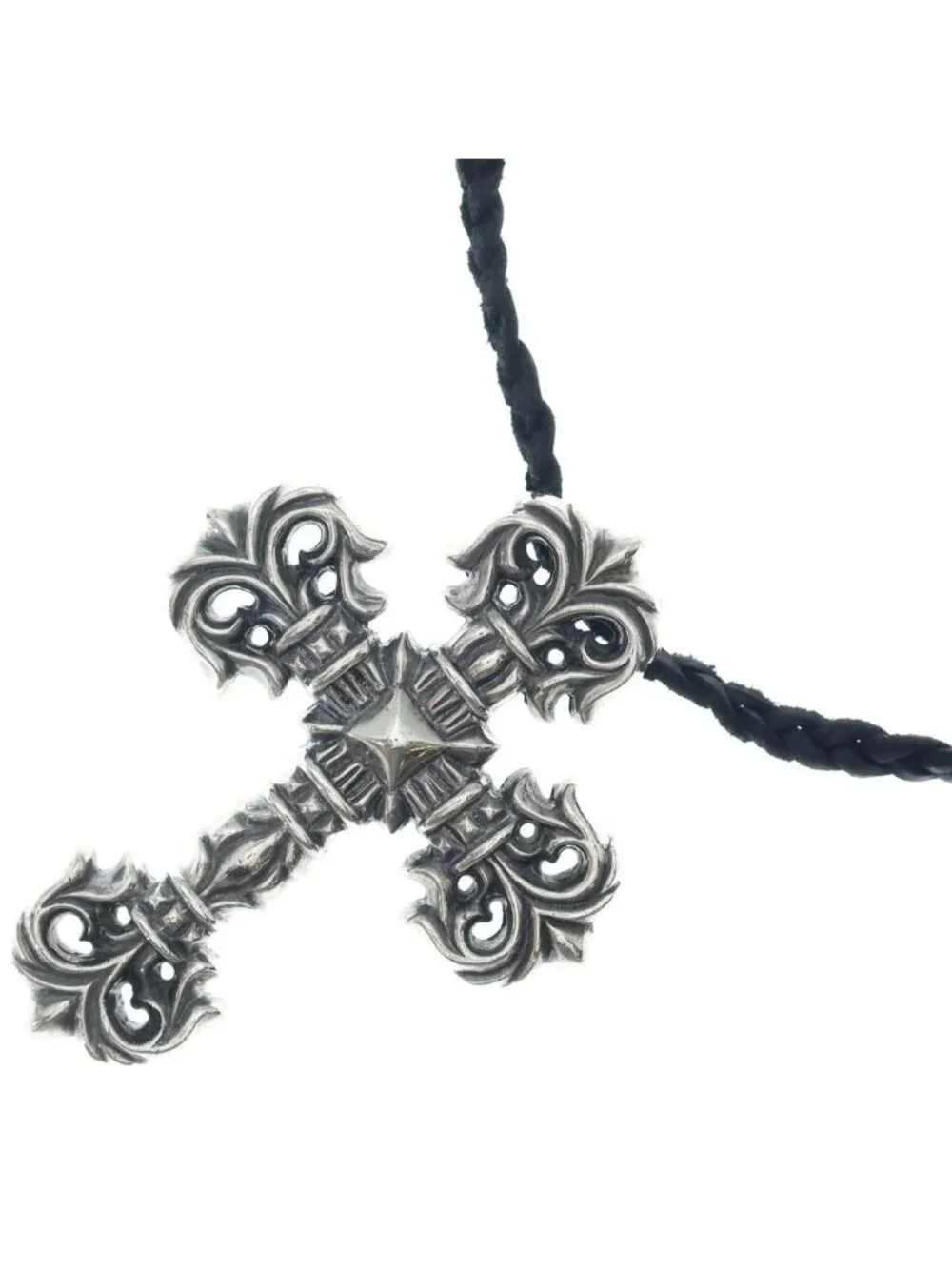 Chrome Hearts Filig Cross SM Filigree Leather Braid Necklace Silver